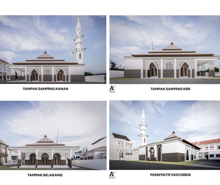 Perspektif Arsitektur Masjid Asysyamsiyah - Tampak Samping Kanan, Samping Kiri, Belakang, dan Ekstérior